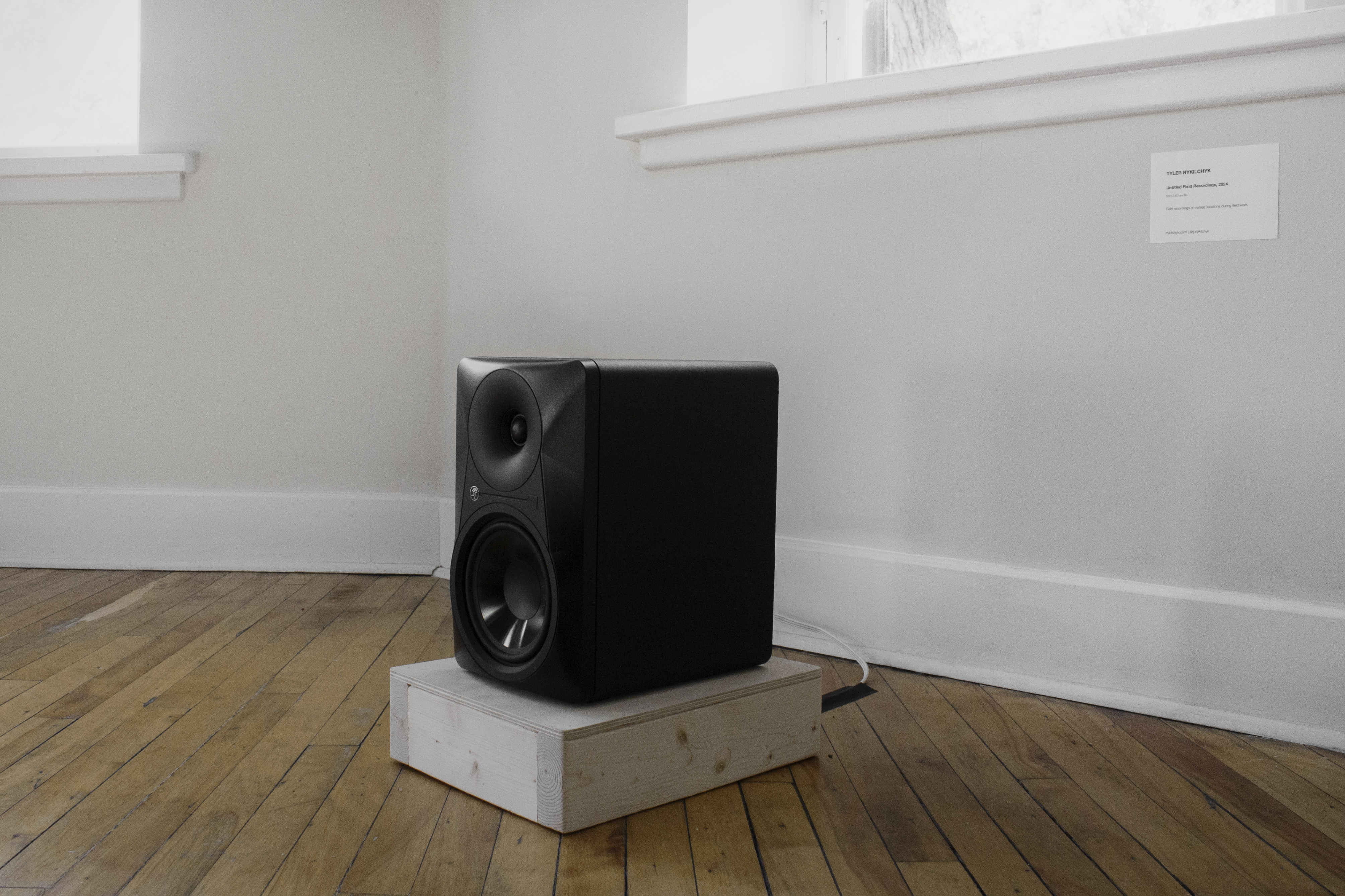 A speaker on a wooden plynth sitting on the ground